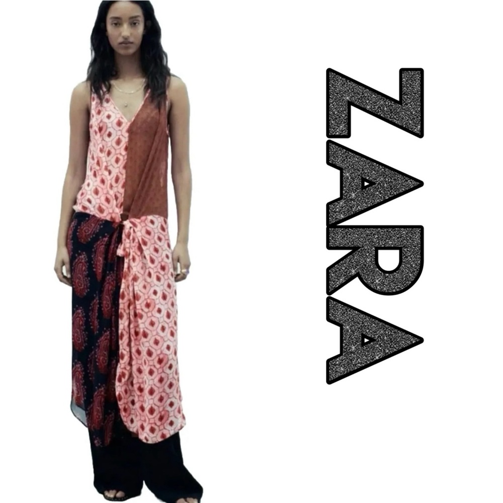 Zara Translucent Mixed Print Midi Dress with Slip (M) - Picture 3 of 12